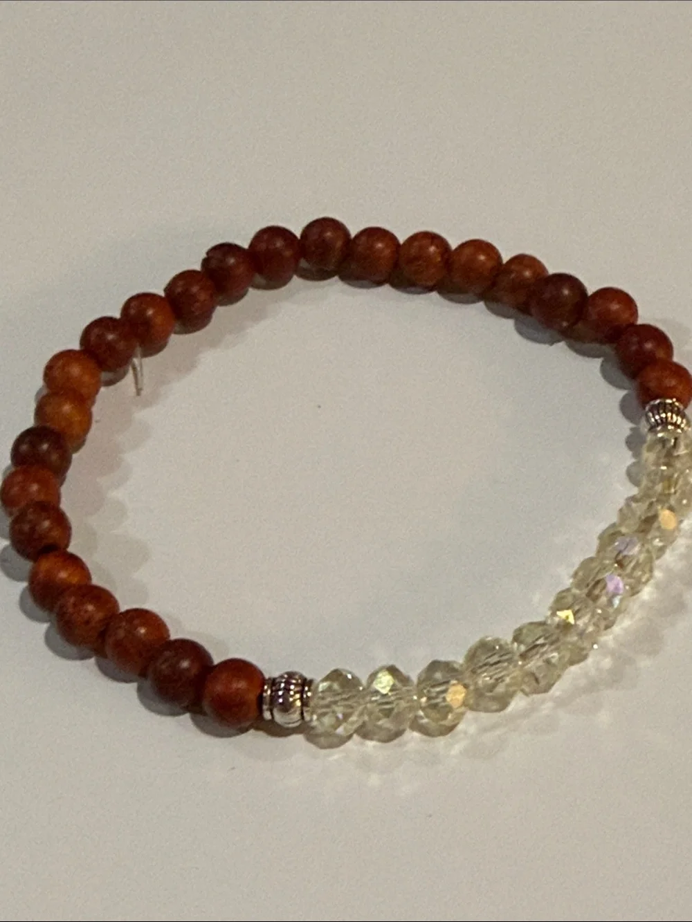 Wood Beaded Stretch Bracelet with Faceted Pale Yellow Crystal Accents Size 8